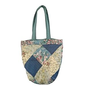 Handmade Patchwork Tote Bag Upcycled VTG Quilt Blue Lining Medium Cotton Purse